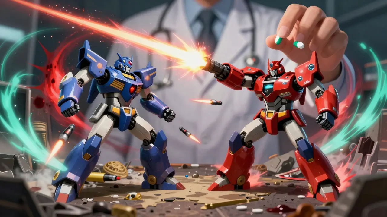 Dexamethasone and prednisone robots battle on a human body battlefield with energy trails and storms.