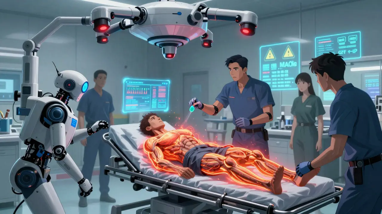 Emergency room with robotic drones treating patient experiencing serotonin syndrome, glowing warning readouts in background.