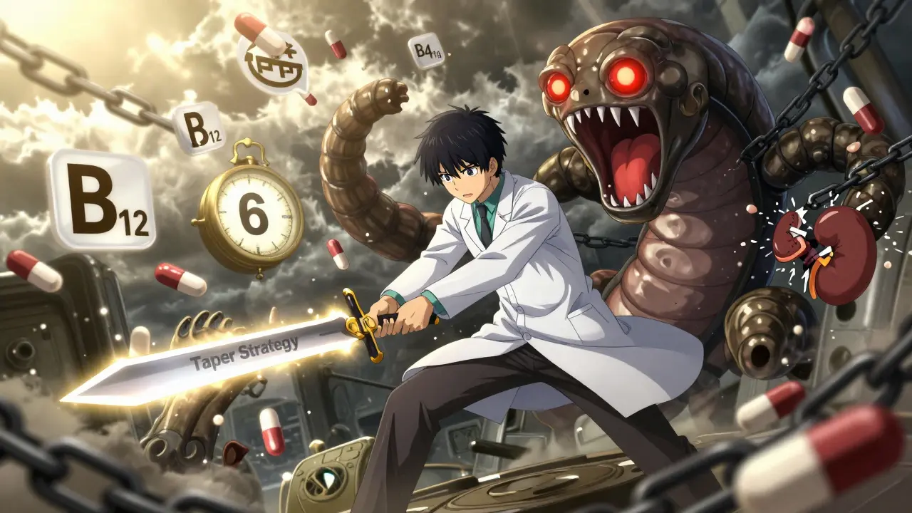 Hero in lab coat slashing PPI chains as rebound acid monster looms, with vitamins and kidney icons breaking free.