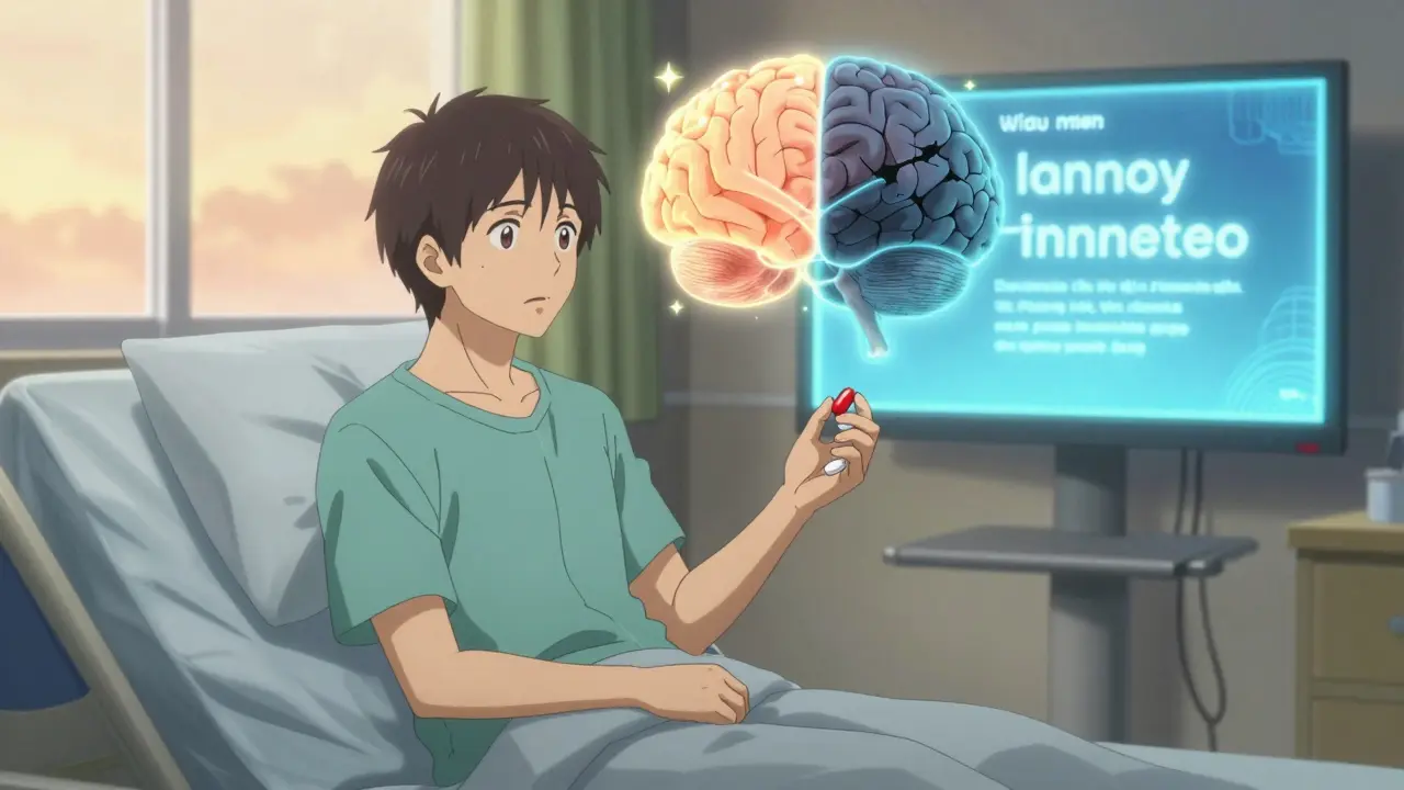 Patient holding pills as their brain splits into confident and fearful halves, educational video glowing nearby.
