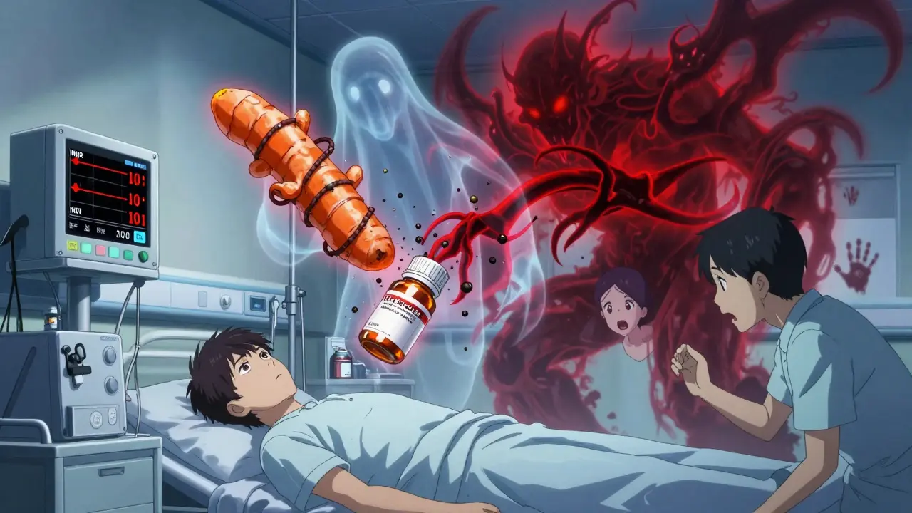 Patient in hospital with supernatural turmeric-black pepper ghost crushing blood thinner pills, INR monitors spiking red.