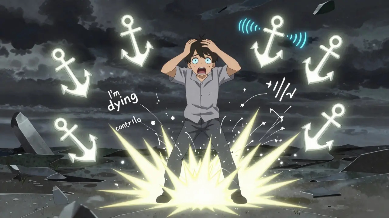 Person grounded with floating sensory objects, fear thoughts being pulled into a vortex.