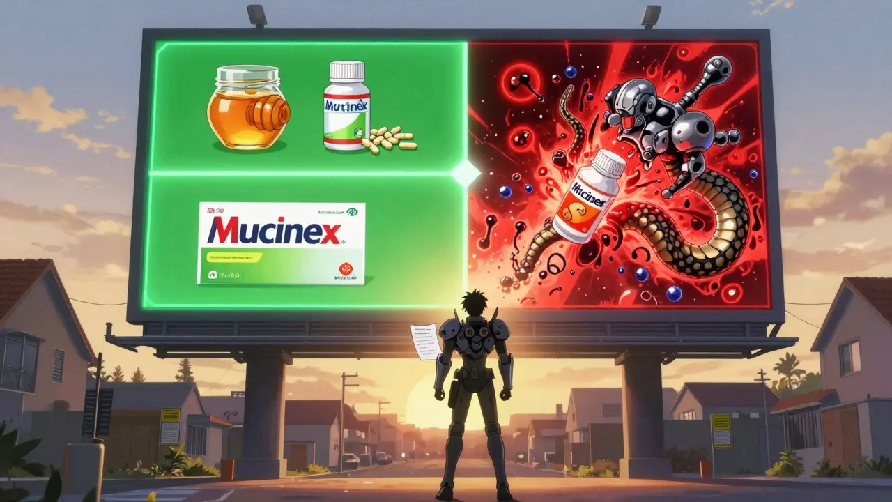 Person standing before billboard comparing safe and dangerous cough remedies, shadow forming protective robot guardian.