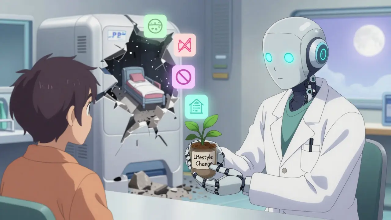 Robot doctor gives patient a plant instead of pills, PPI machine crumbling behind, peaceful clinic with sleep and diet symbols.