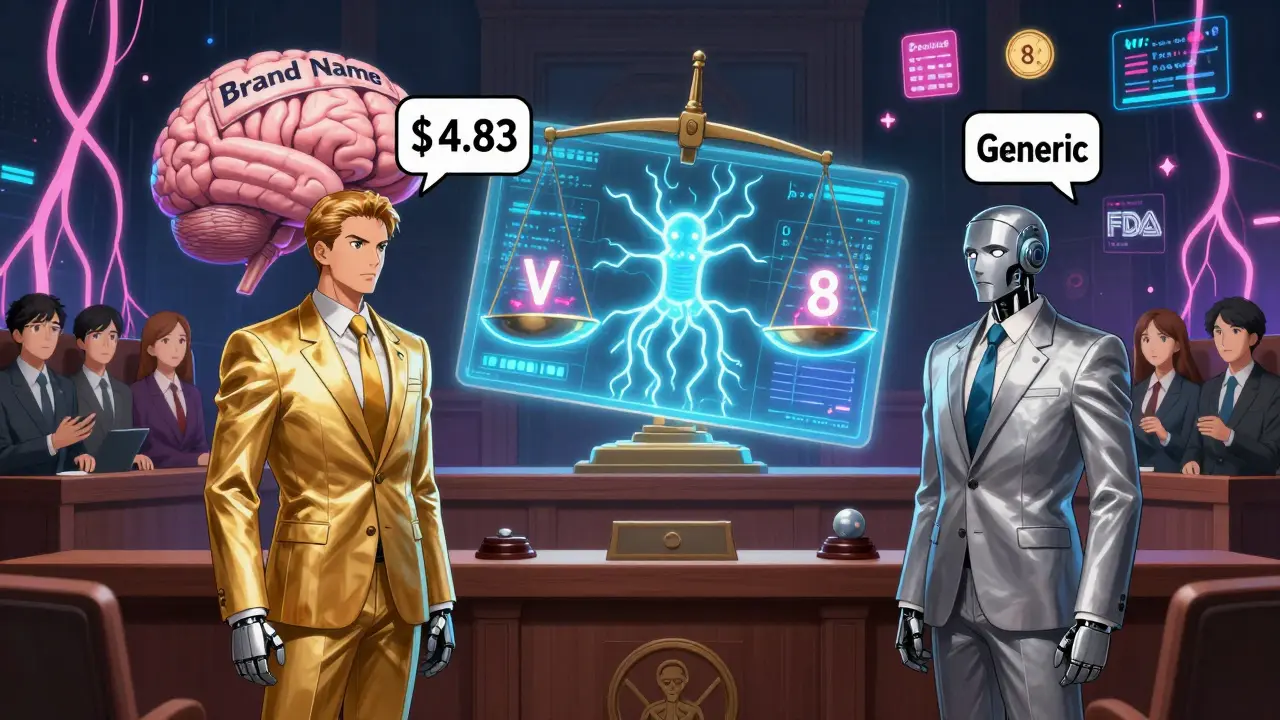 Robotic lawyers arguing inside a human brain, one in gold with high price tag, other in silver with low price tag.