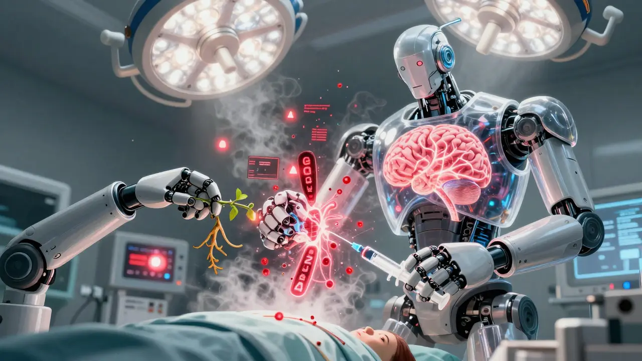 Robotic surgeons clashing valerian and opioids over a glowing brain, red warning signals everywhere.