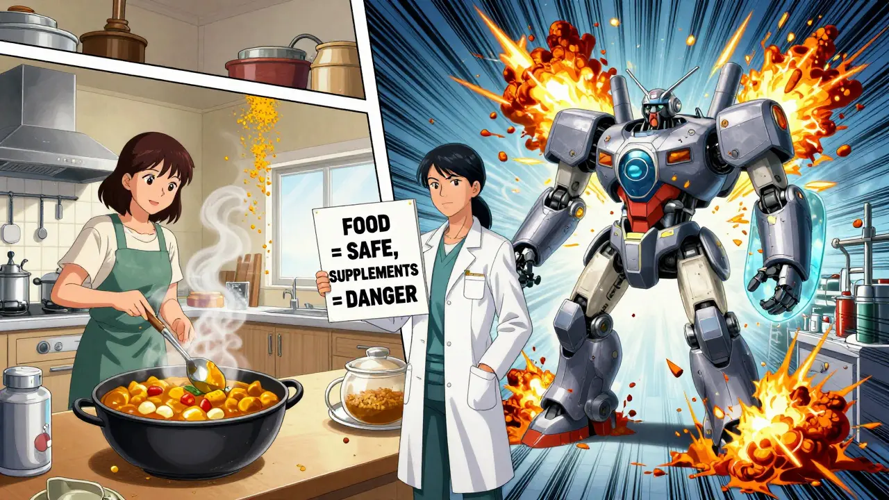 Split scene: safe cooking curry vs. exploding supplement capsule, pharmacist standing between them with warning sign.