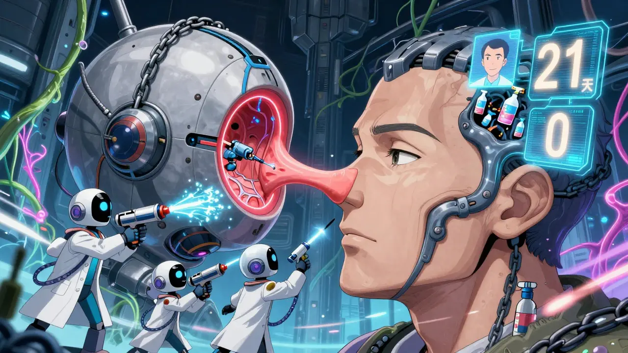 Tiny robot healers repairing nasal tissue with salt and laser therapy inside a giant human head, anime super robot style.