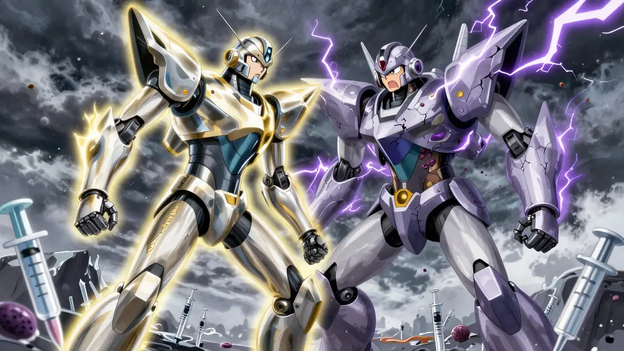Two robotic biologics side by side—one smooth and golden, the other cracked and sparking with static.
