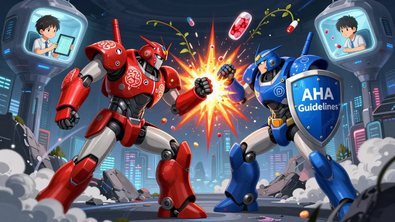 Two robotic warriors battle over stroke risk—one red with bleeding brain icons, one blue with plaque-shattering fists, patient watches from above.