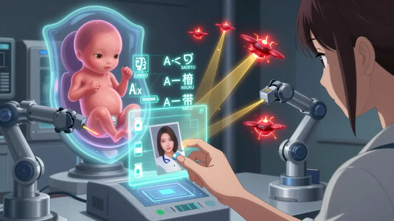 Woman scanning pill photos as robotic arms analyze risks, with a safe fetus glowing in protective light.