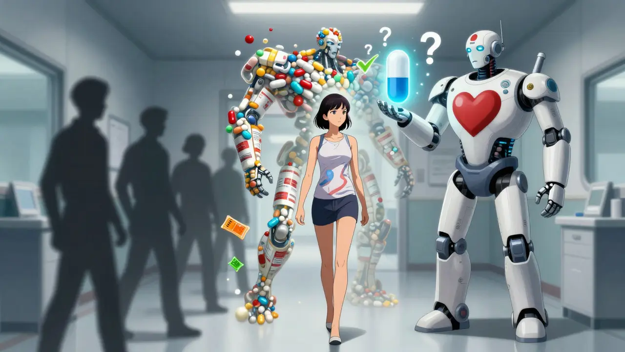 Woman walking as a mecha warrior made of medication labels, leaving dangerous supplements behind in anime style.