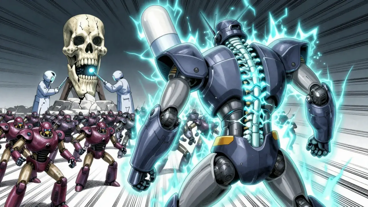 A bisphosphonate pill shield protecting a spine and hip, with frozen osteoclast robots and a dental repair team.