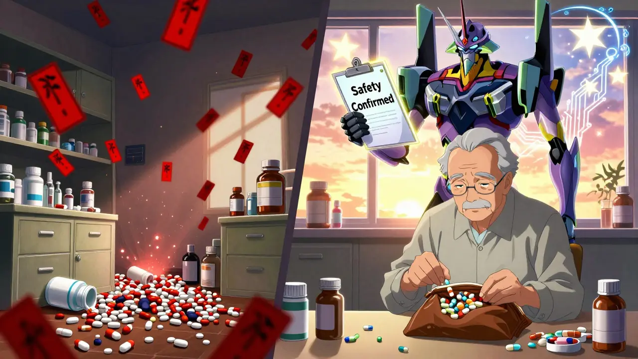 A chaotic mess of pills transforms into order as a guardian figure appears beside a senior placing meds in a brown bag, with glowing safety confirmation.