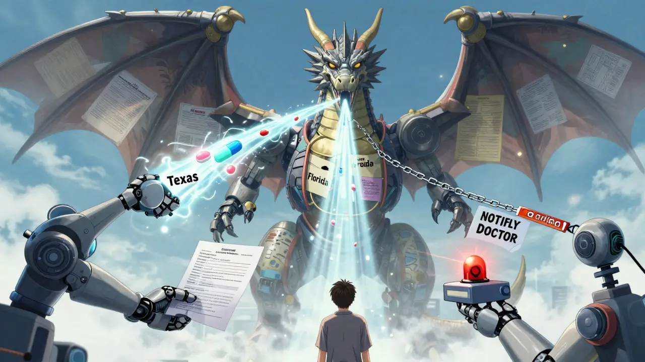 A dragon-shaped biosimilar machine emits drug streams, some blocked by legal documents as a patient hesitates.