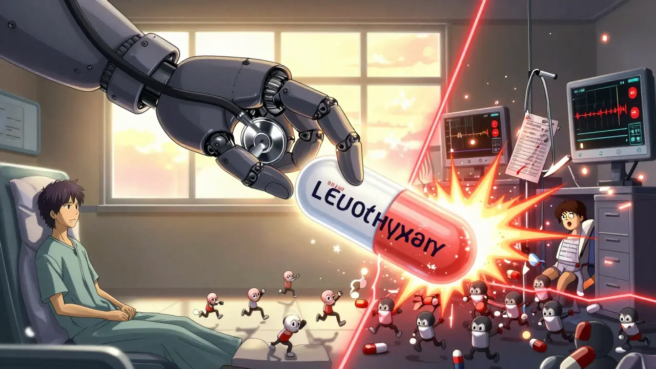 A glowing brand-name tablet rises above fleeing generics as stable and chaotic health outcomes split the air.