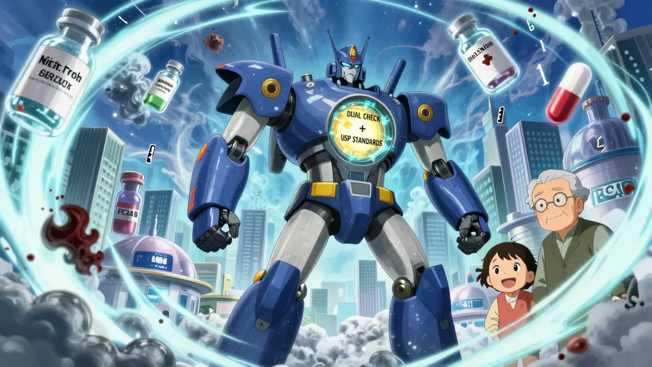 A heroic robot defending patients from compounding errors, glowing with safety standards and accreditation.