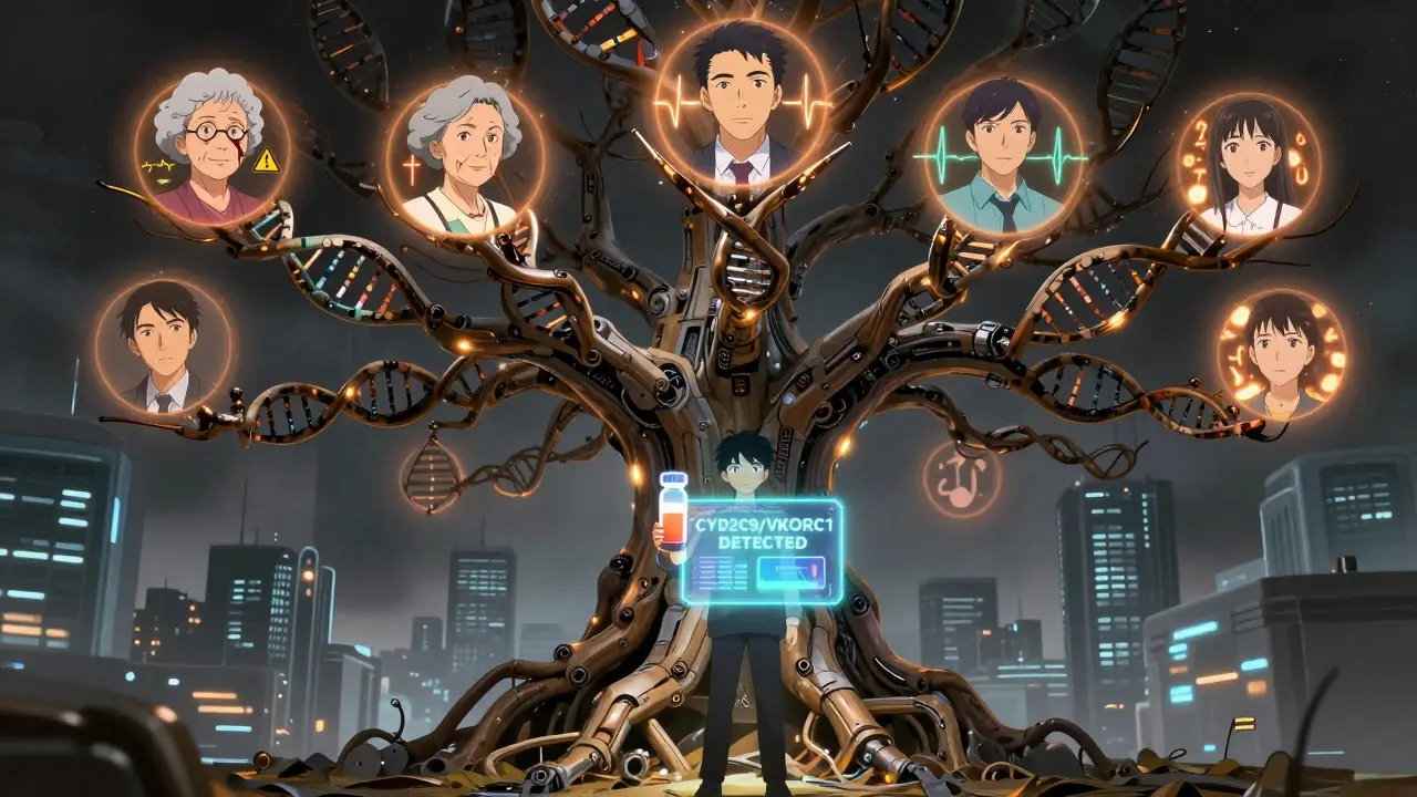 A massive ancestral gene tree with family portraits showing genetic drug reactions, a young person holding a test vial that projects a warning alert.