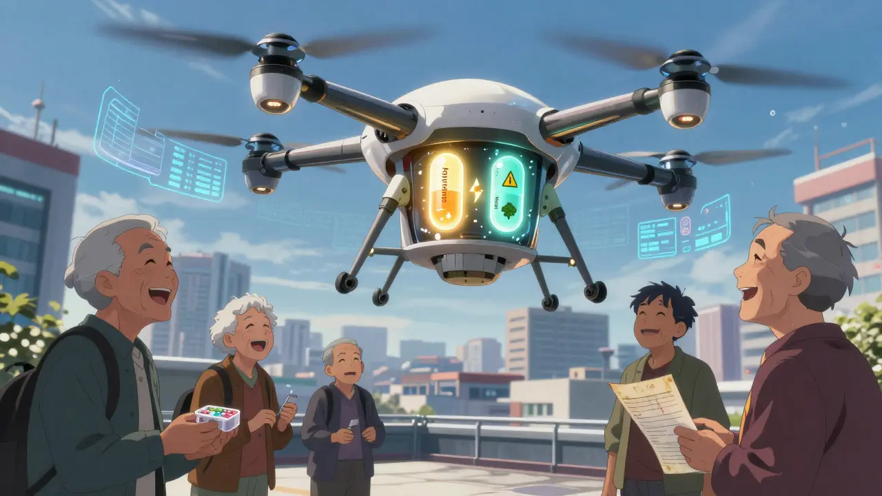 A medical drone above a hospital, one capsule glowing golden with no bleeding symbols, another surrounded by warnings, patients below smiling in sunny streets.