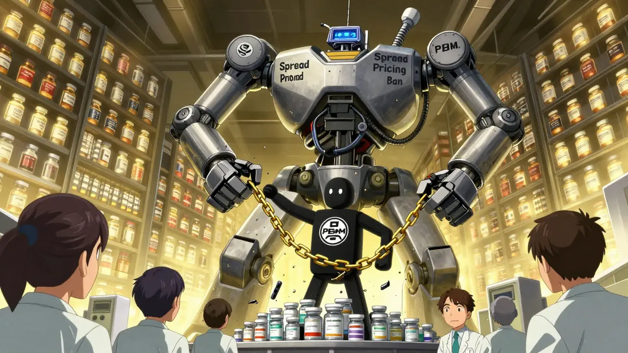A robot dismantles a corporate puppet with chains of fair reimbursement flowing to small pharmacies.