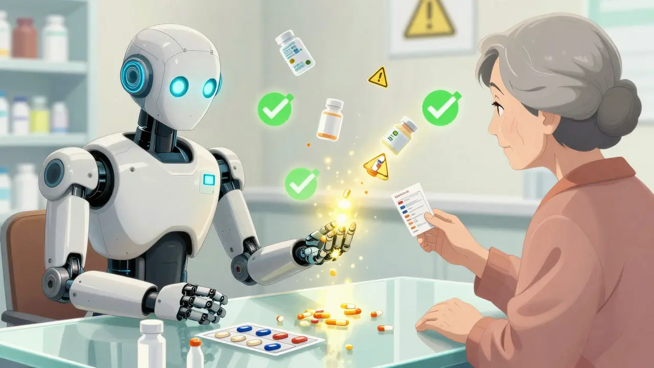 A robot pharmacist reviews medications on a transparent table while a senior watches with relief, ghostly images of expired pills dissolving into light.