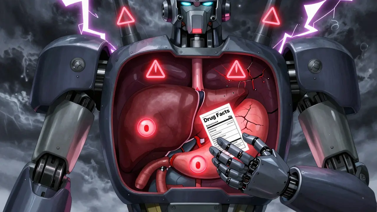 A robot reveals a human liver and stomach under attack by overdose symbols, with a drug label as a protective shield.