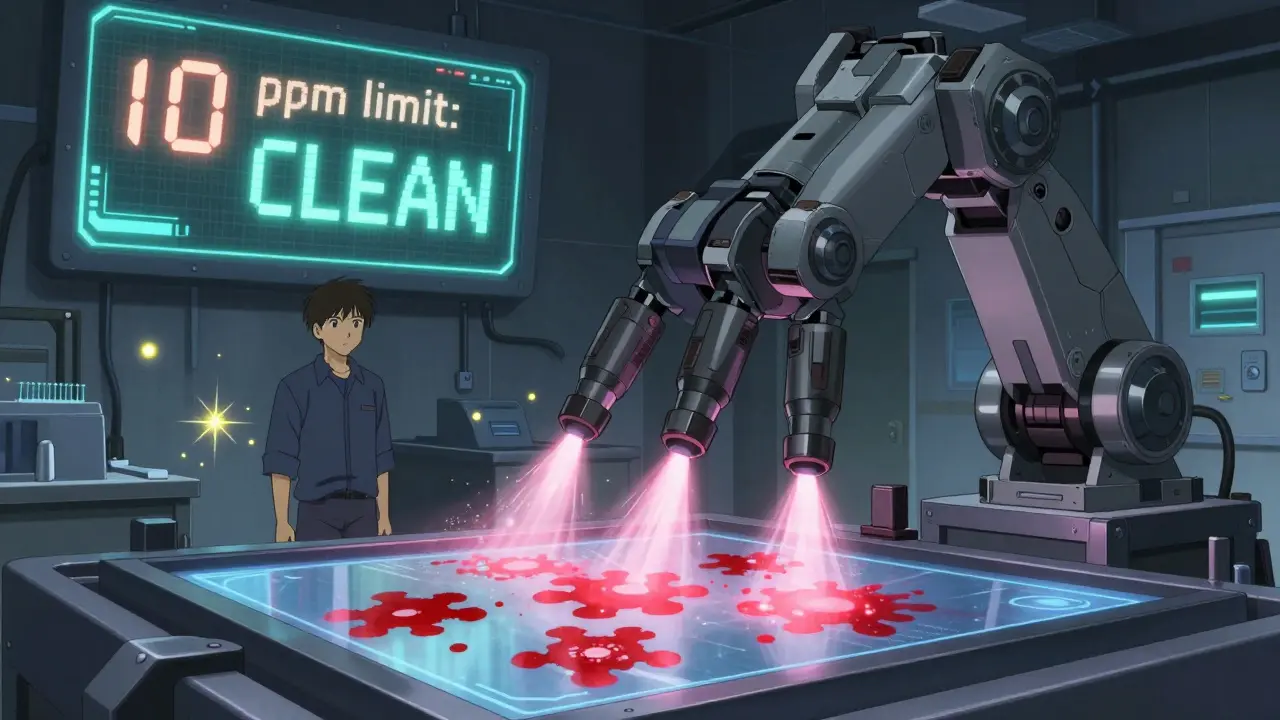 A robotic arm cleaning a drug press, with fading contamination signatures and glowing readouts.