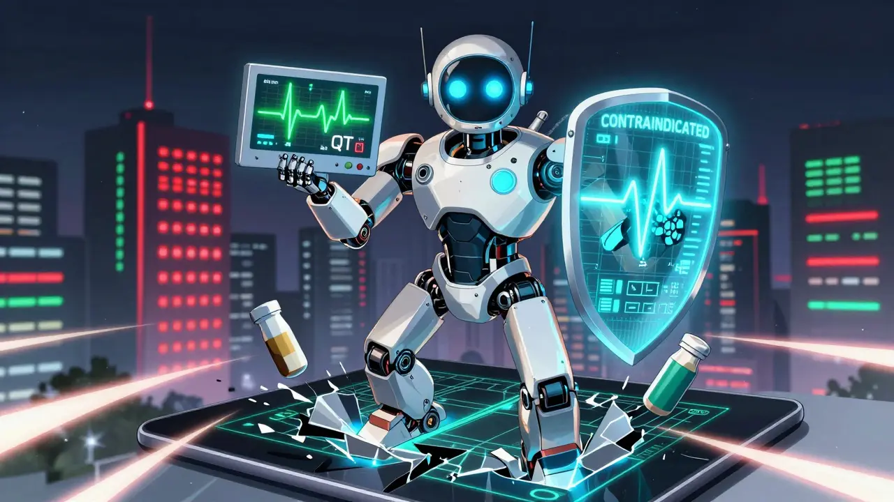 A robotic cardiologist activates a 'CONTRAINDICATED' shield over shattered cimetidine, with hospital skyline shifting from red to green alerts.