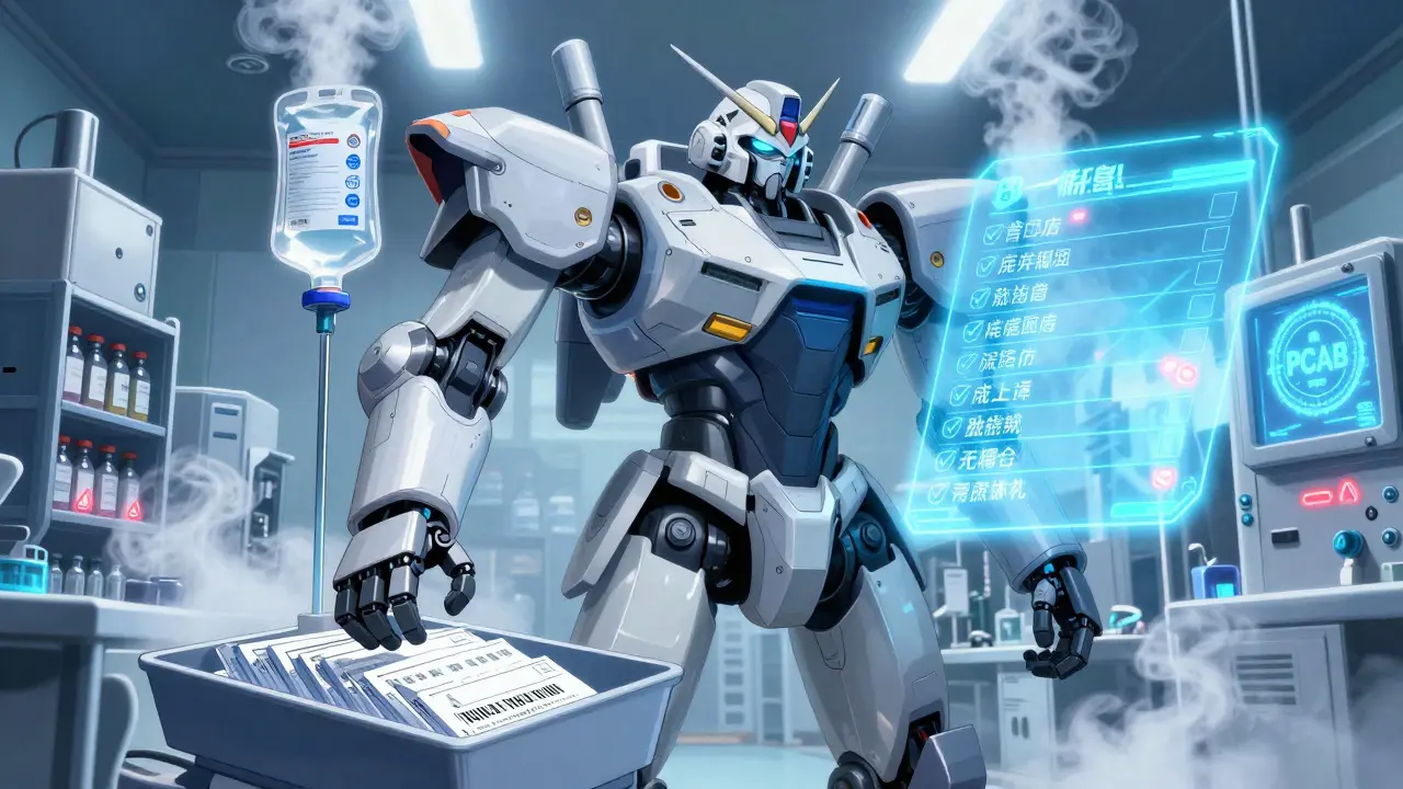 A robotic pharmacist in a cleanroom verifying sterile IV bags with barcode scanning and compliance icons.