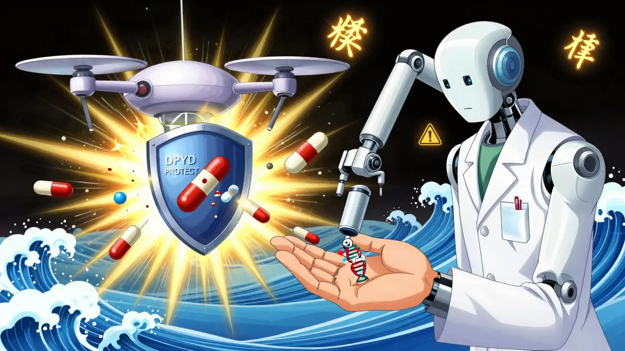 A robotic pharmacist scans a patient's palm, activating a genetic shield that destroys a dangerous drug molecule while converting it to a safe alternative.