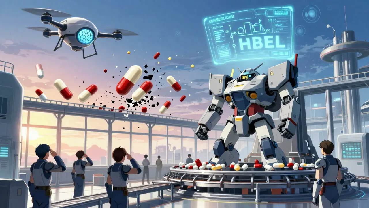 A single-batch manufacturing robot with a shattered multi-drug conveyor behind it.