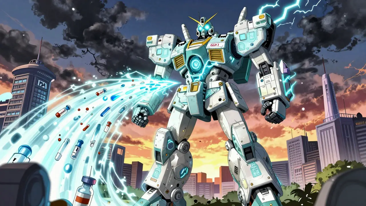 A stockpile mech stands guard over a city, releasing affordable generics as shortages darken the sky.