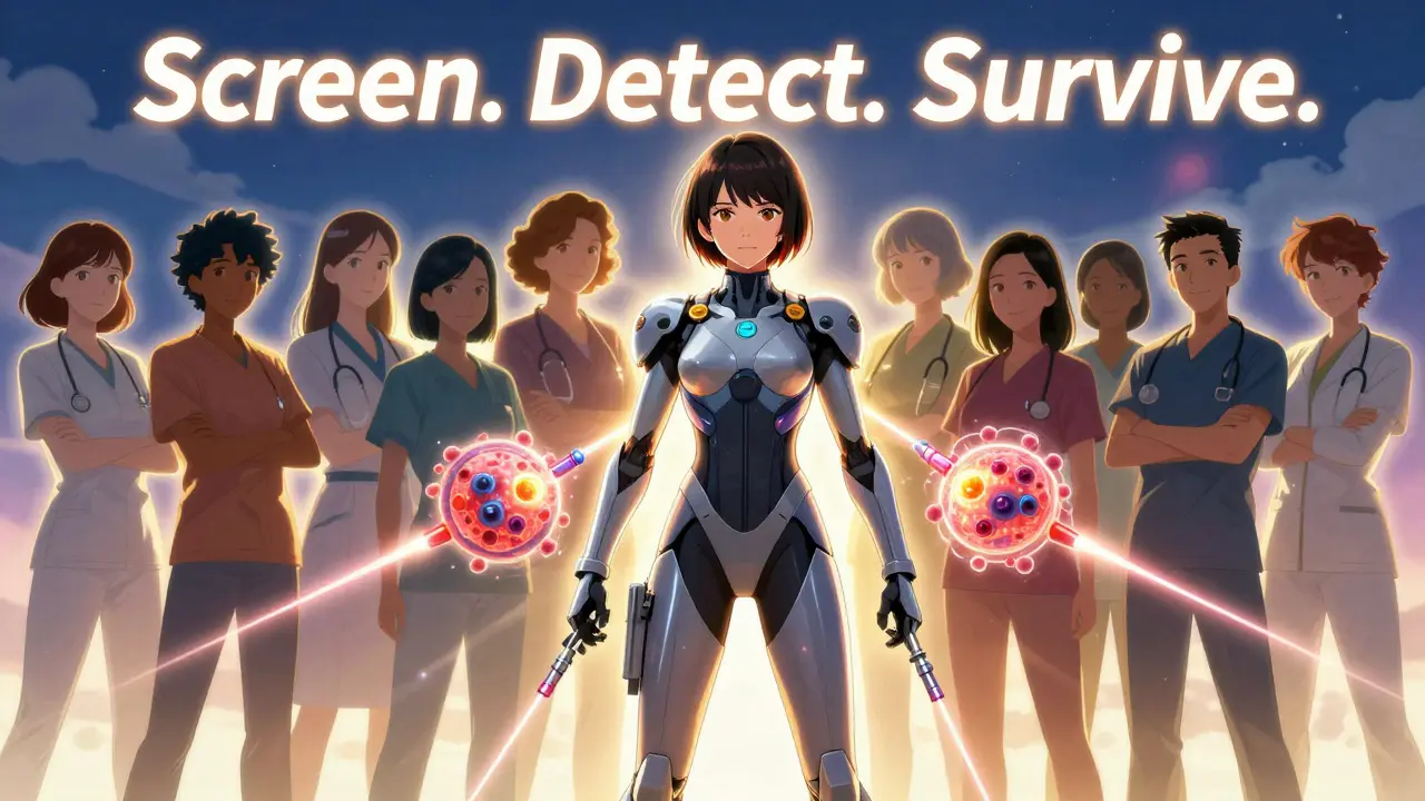 A team of armored doctors neutralize cancer markers on a holographic body map, while women behind them glow with hope.