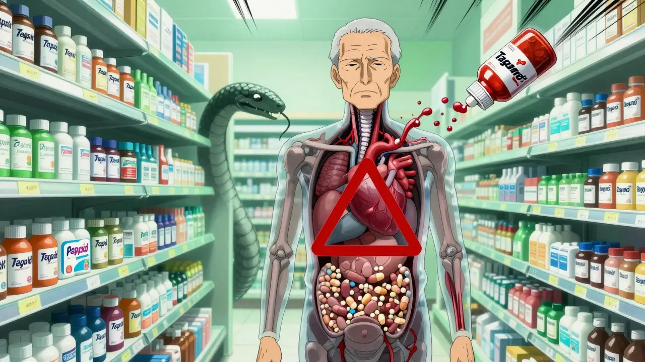 A transparent elderly man has a dark pill-serpent entering his heart from a Tagamet bottle, while safe alternatives glow green behind him.