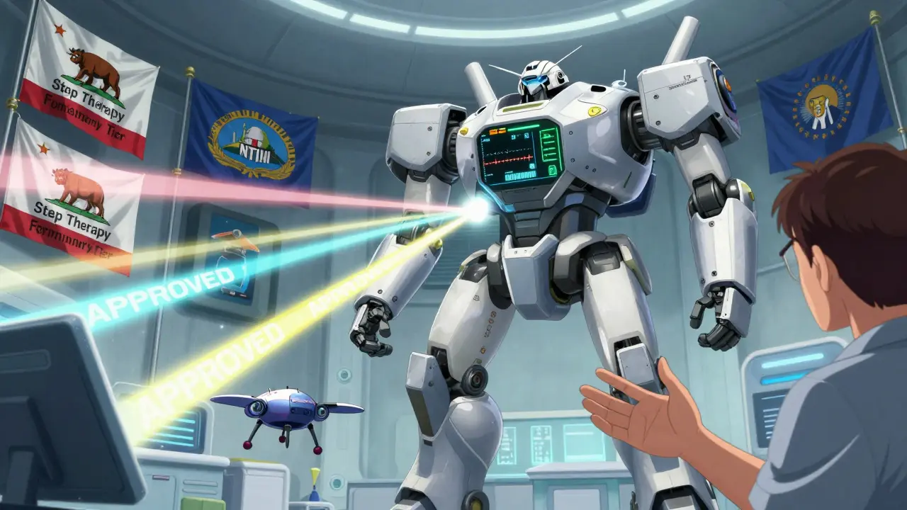 Doctors pilot a mech that defeats insurance denial drones with approval beams, state laws glowing behind.