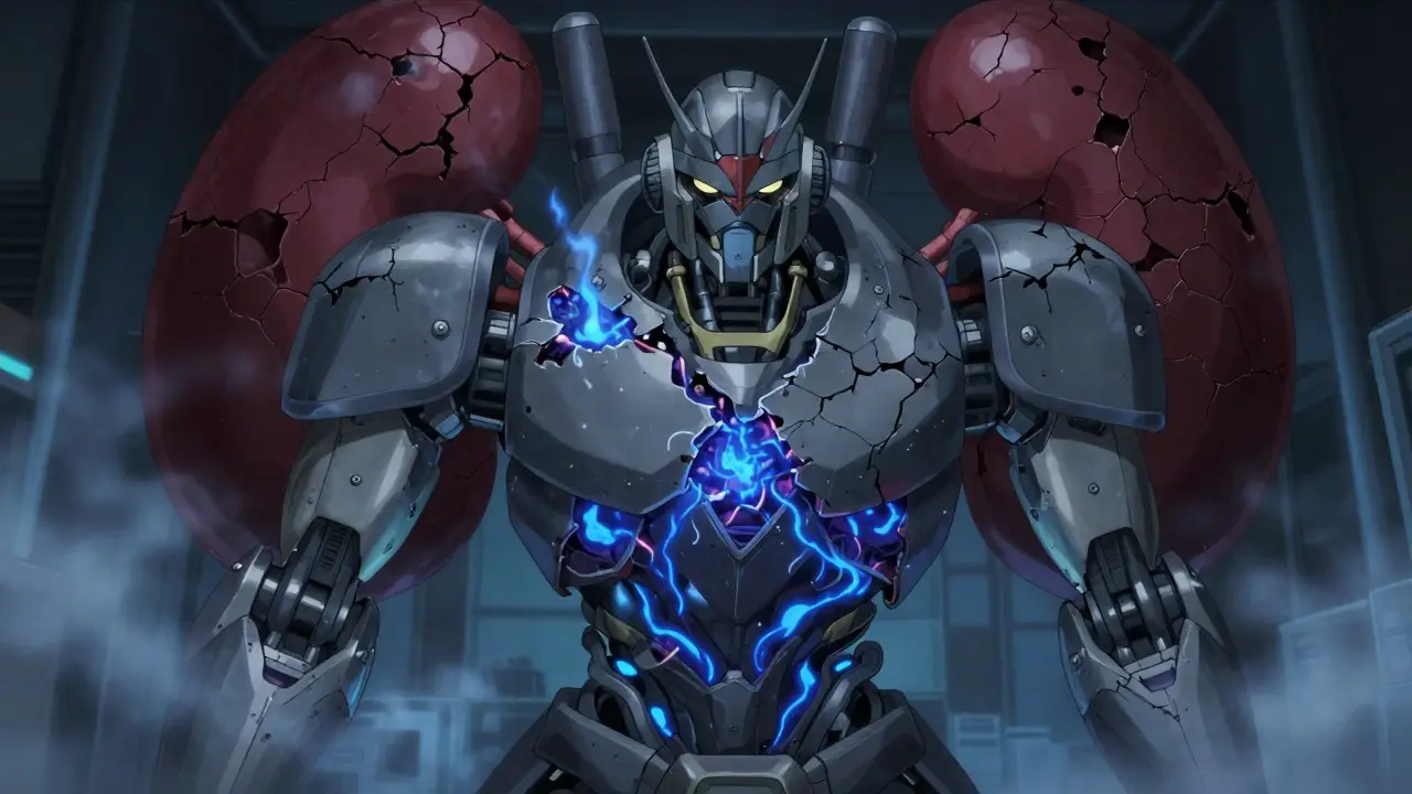 Robot with cracked exoskeleton leaking blue energy, damaged kidney component