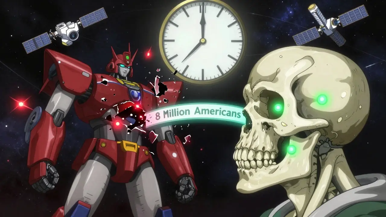 Split scene: shattered hip vs. healing jawbone, connected by a bridge labeled '8 Million Americans', anime style.