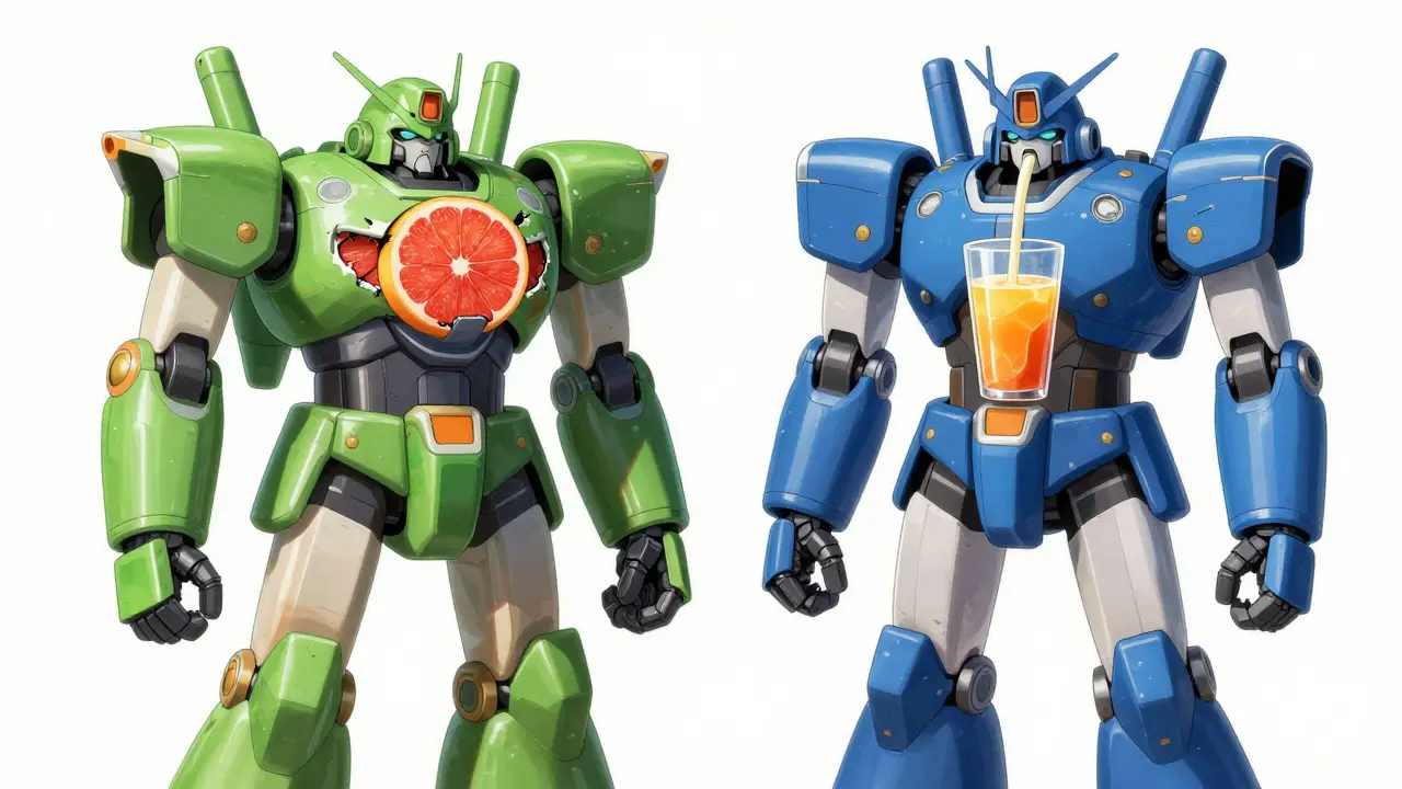 Two robots: one damaged by grapefruit, one safe while drinking juice