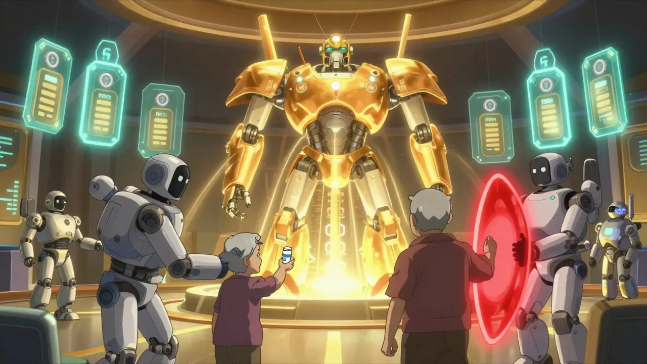 A central server robot synchronizes pharmacy robots, blocking harmful drug interactions as a senior receives their correct medication.