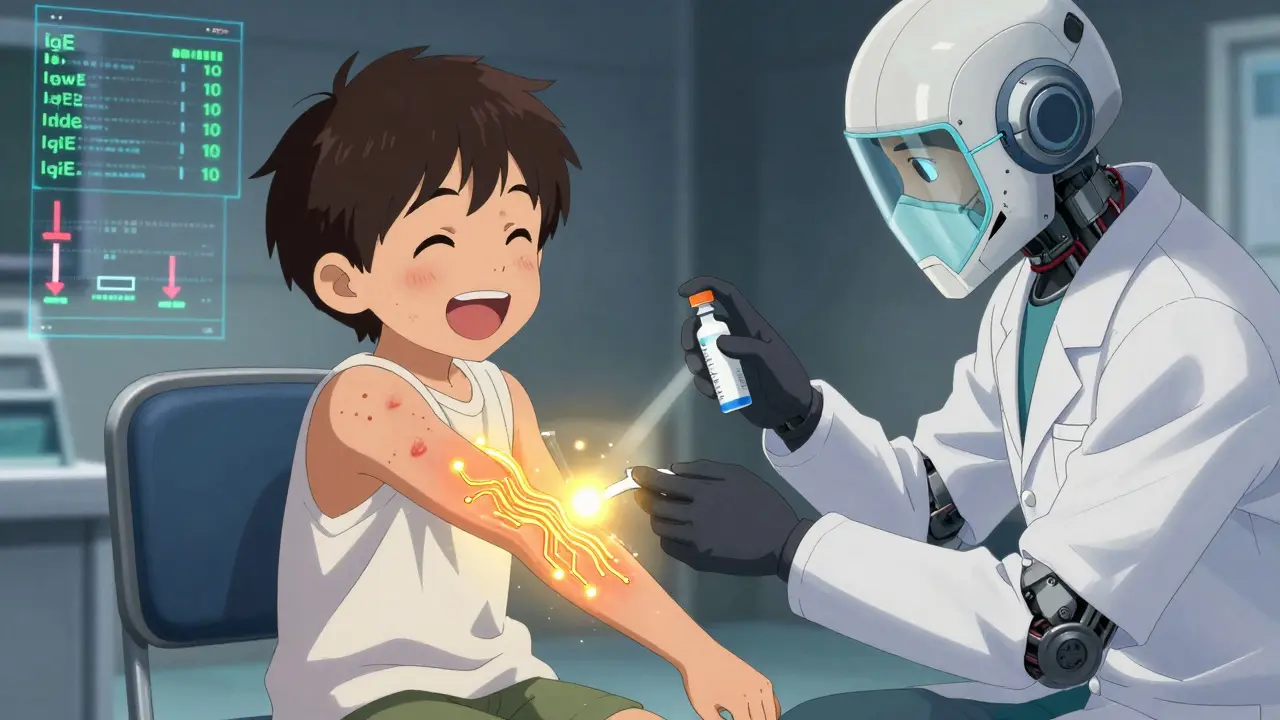 A child smiles as glowing circuits neutralize mild hives during a food challenge, guided by a doctor in robotic armor.