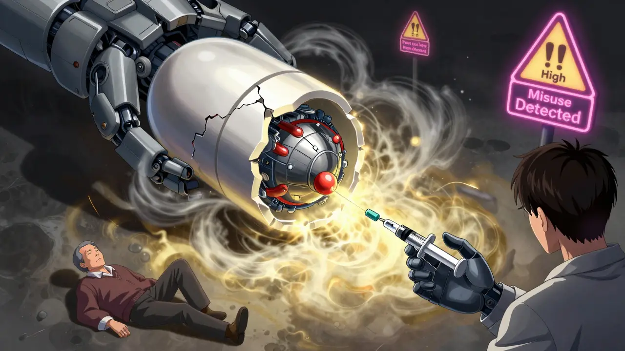 A cracked gabapentin pill releases dizziness vortexes and euphoric mist, with an elderly person falling and another misusing the drug.