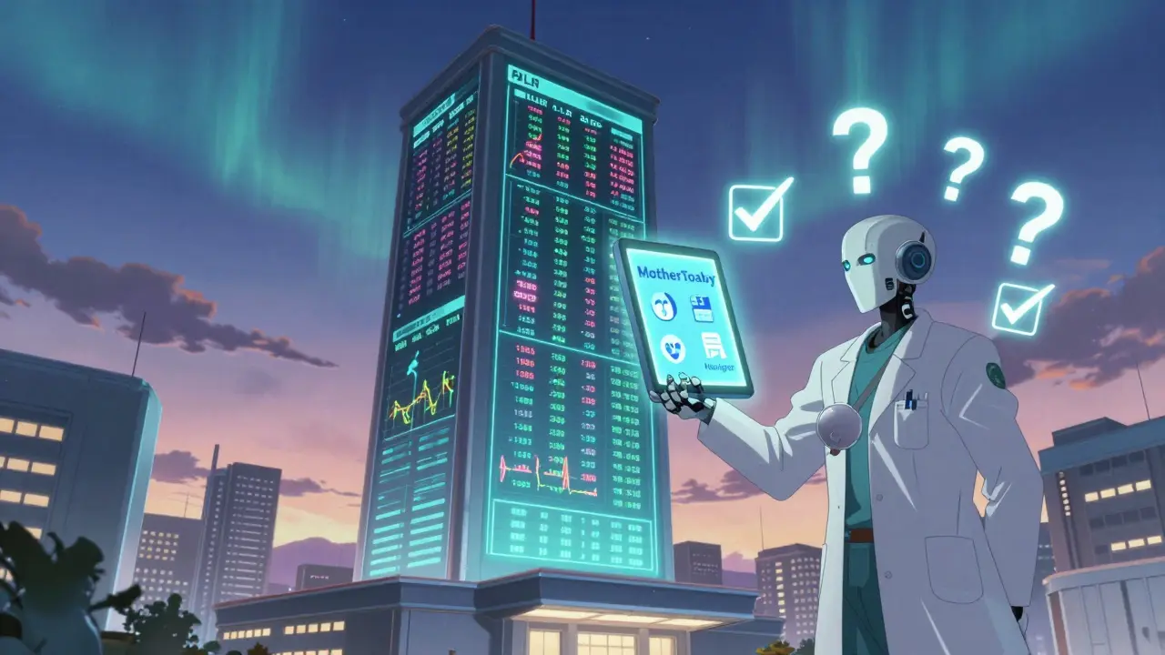 A digital drug database tower scrolls clinical data as a pharmacist offers a tablet with safety resources.