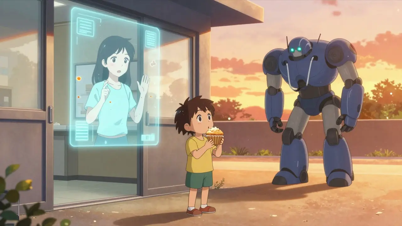 A family exits a clinic, a child holds a muffin as a hologram of past fear fades, a stethoscope robot bows in the background.