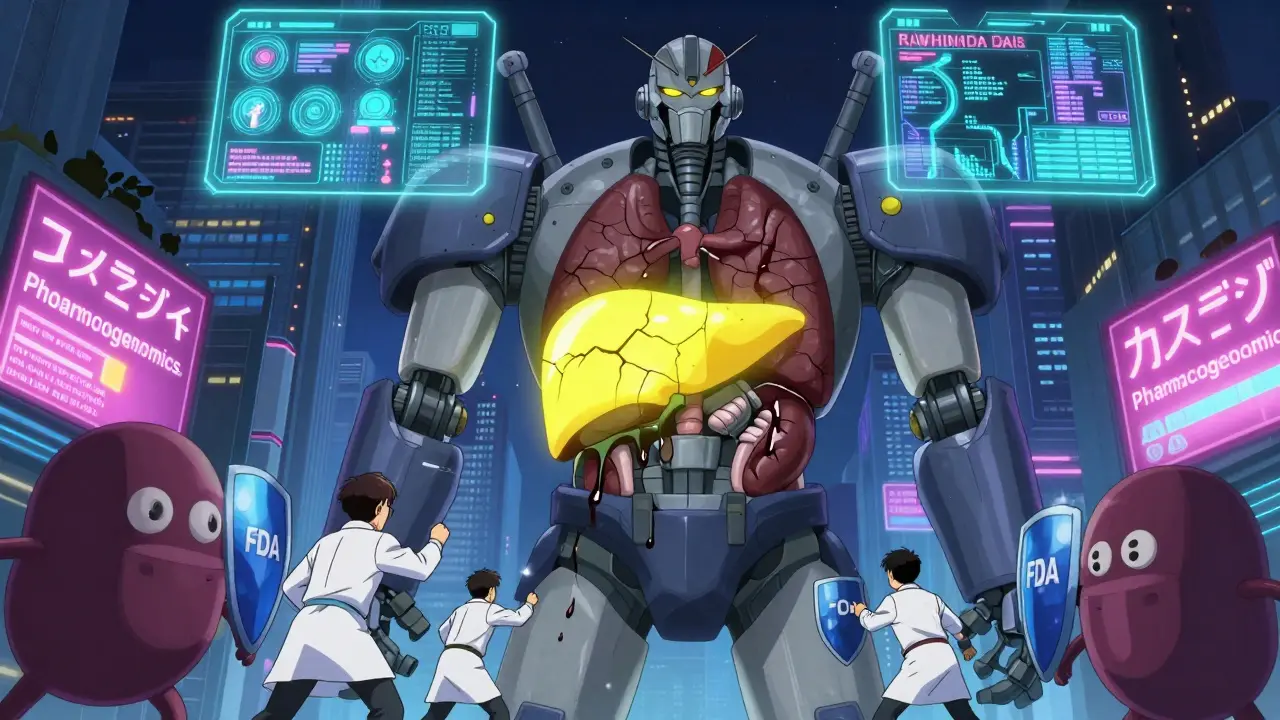 A giant robotic human body shows organ failure as tiny warriors battle pill-shaped monsters, with an AI dashboard in the sky.