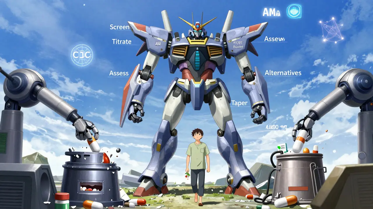 A heroic START Protocol mech lowers a dangerous high-dose pill into a furnace as a patient walks safely with a 900 mg flower.