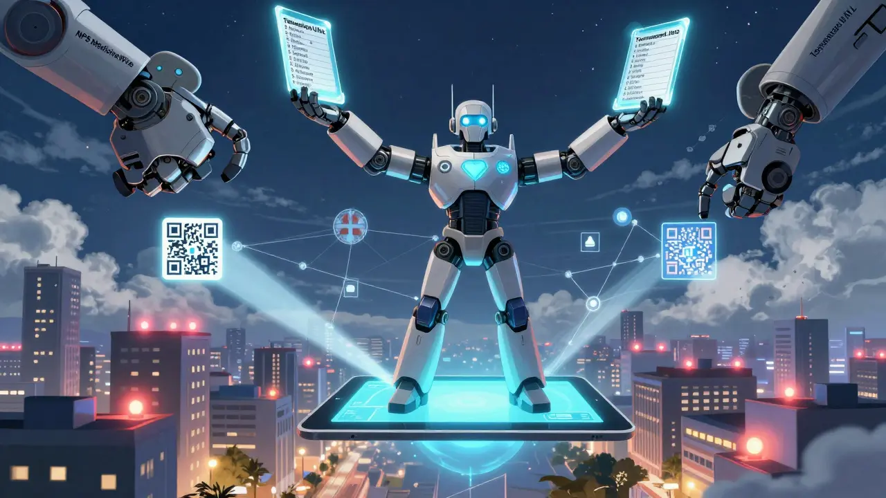 A patient avatar holding glowing medication lists as two robotic arms extend from the sky, with a QR code beam connecting to a global network.