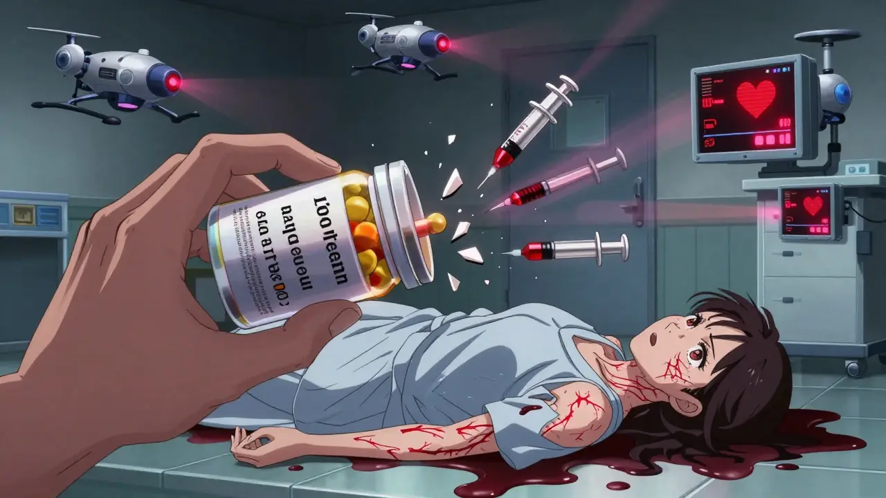 A person collapses as a pill bottle shatters into weaponized syringes, with glowing red veins spreading across their skin.