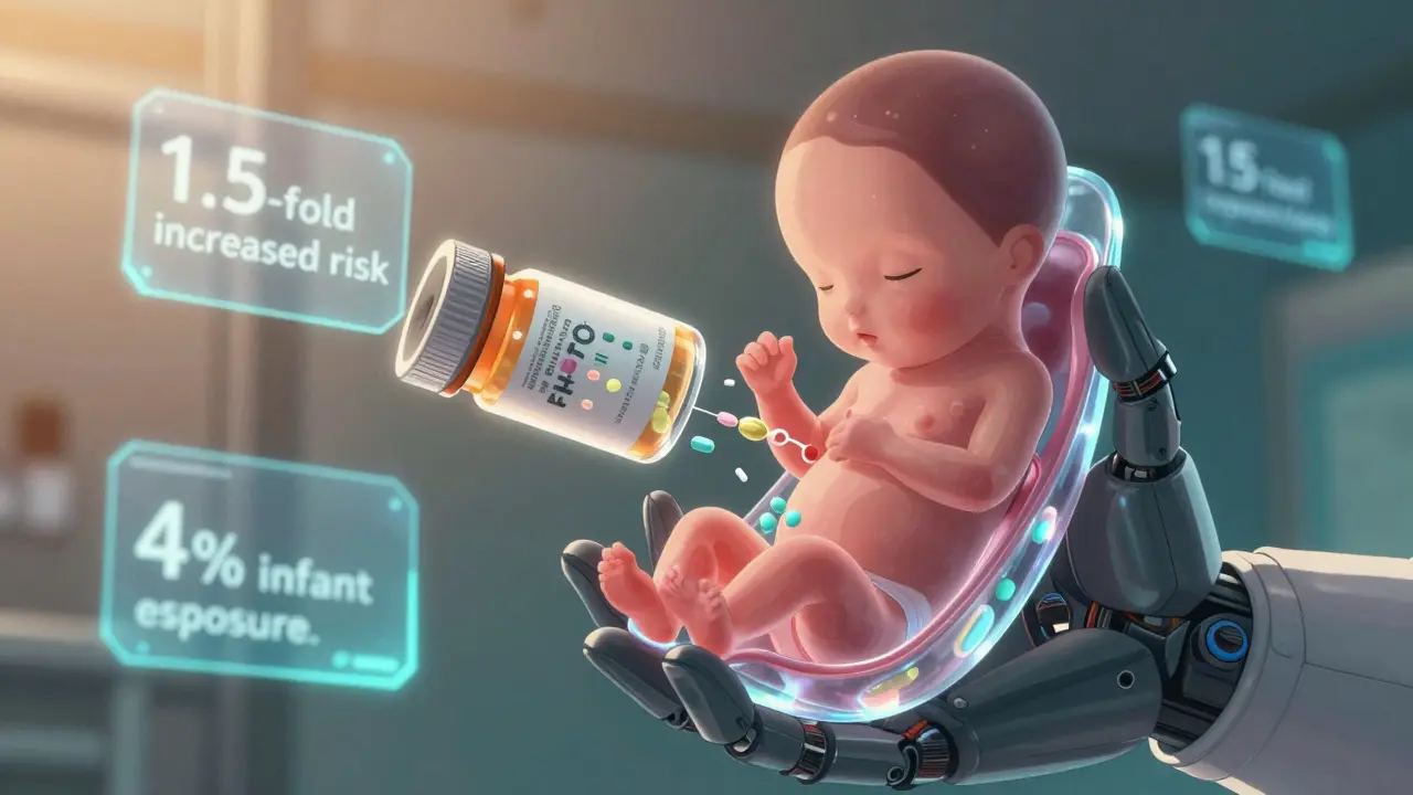 A prescription bottle transforms into a fetus and infant model showing how drug molecules move through the body.