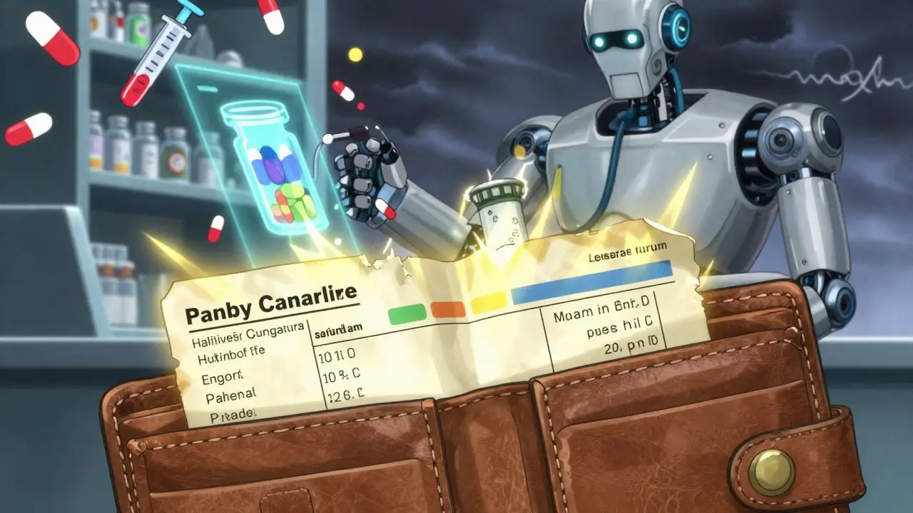 A wallet opening to reveal laminated medication lists in English and Somali, with a robotic pharmacist scanning them in golden light.