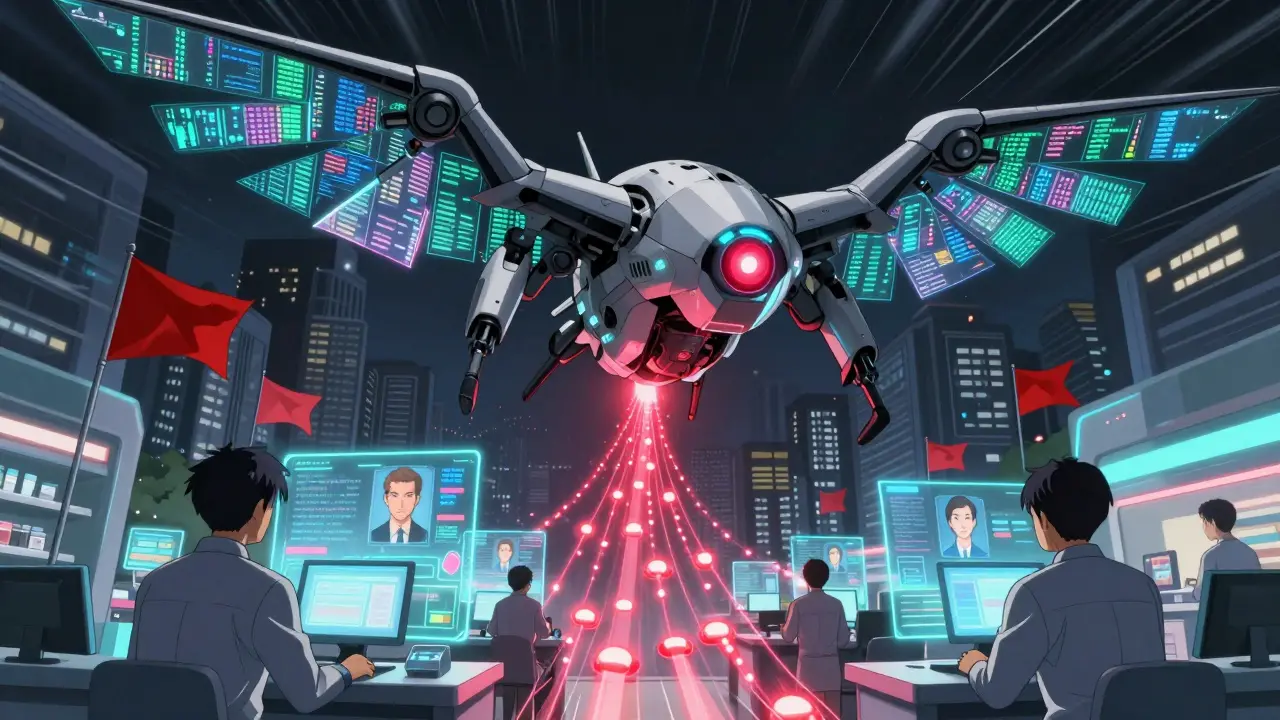 An AI Watchdog drone detects dangerous opioid patterns across pharmacies, with holographic alerts and blockchain data swirling around it.